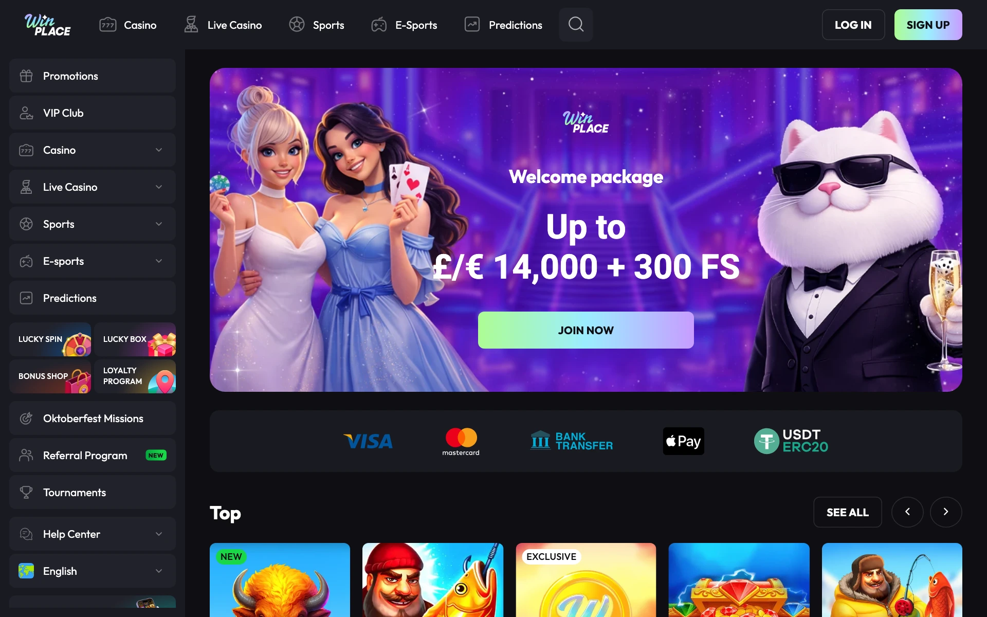 WinPlace home page banner with the welcome package of up to 14,000 and 300 free spins