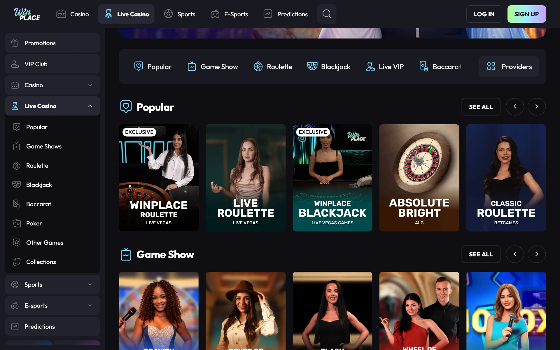 WinPlace live casino lobby with roulette, blackjack and game show tables